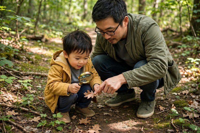 A parent and child examining a leaf with a magnifying glass on a nature walk