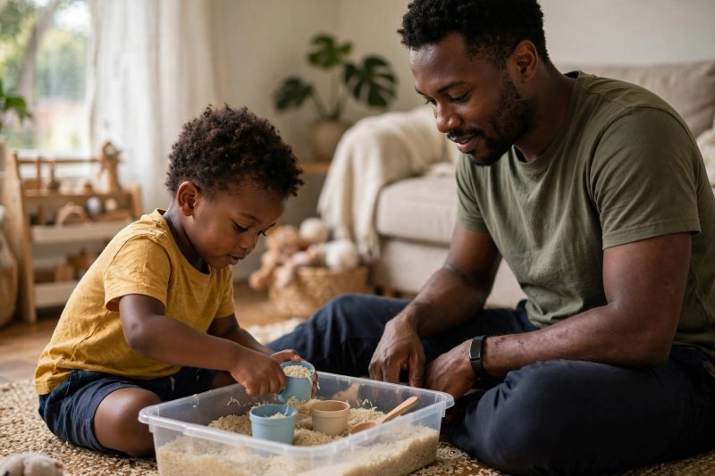 A child scooping rice in a shallow bin with cups, a parent alongside