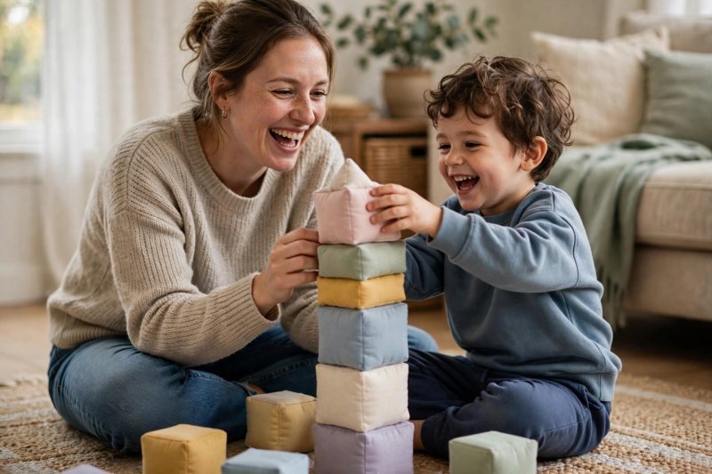 A parent and child building a tall tower of soft blocks on a rug