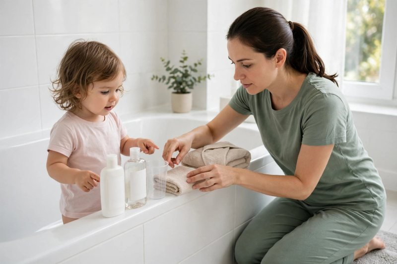 A mother arranges shampoo bottles and towels on a bathtub edge with her toddler.