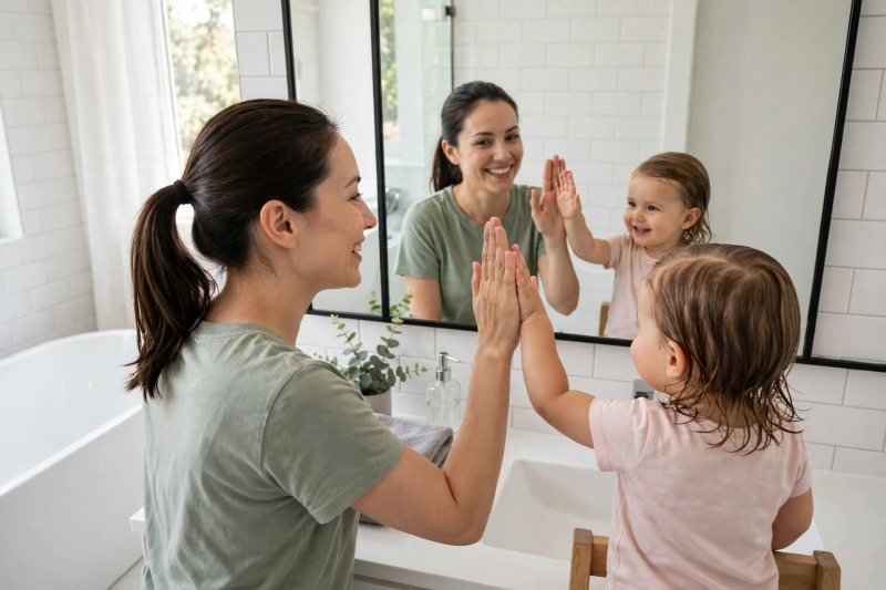 A mother and toddler high-five happily in front of a bathroom mirror together.
