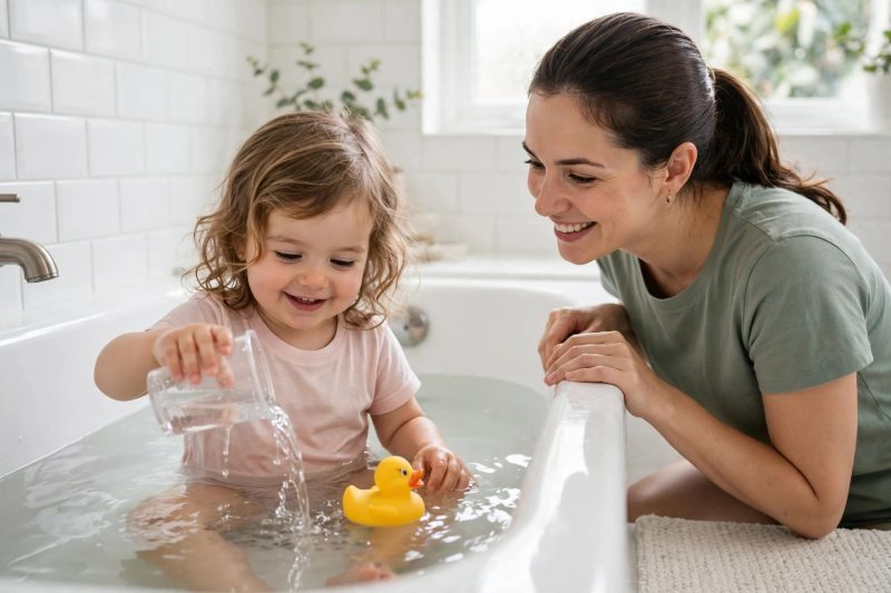 A toddler pours water from a cup while playing with a rubber duck.