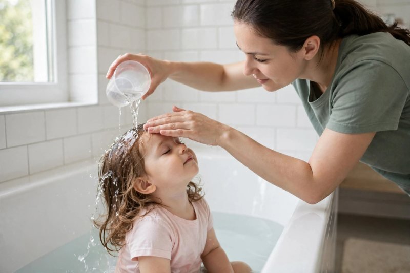 A mother pours water over her toddler's hair while shielding her forehead gently.