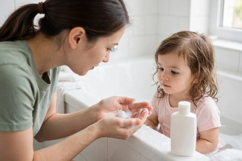 A mother rubs shampoo lather between her palms beside her watching toddler daughter.