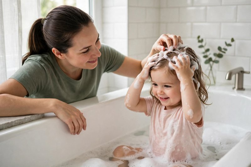 A mother massages shampoo lather into her smiling toddler's hair in the bathtub.