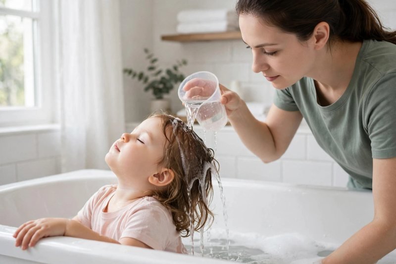 A mother rinses shampoo from her toddler's hair with a plastic rinse cup.