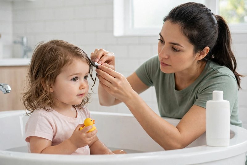 A mother smooths conditioner through the ends of her toddler's wet hair carefully.