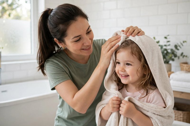 A mother pats her toddler's wet hair dry with a hooded towel gently.