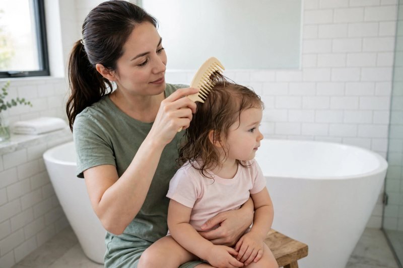 A mother gently combs her toddler's damp hair while she sits on a stool.