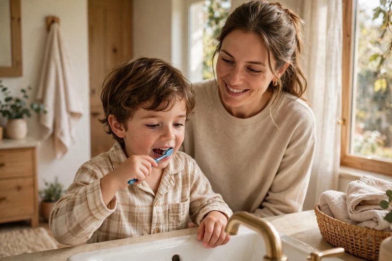Five-year-old brushing teeth in the morning while a parent watches nearby, linking daily routines to learning time