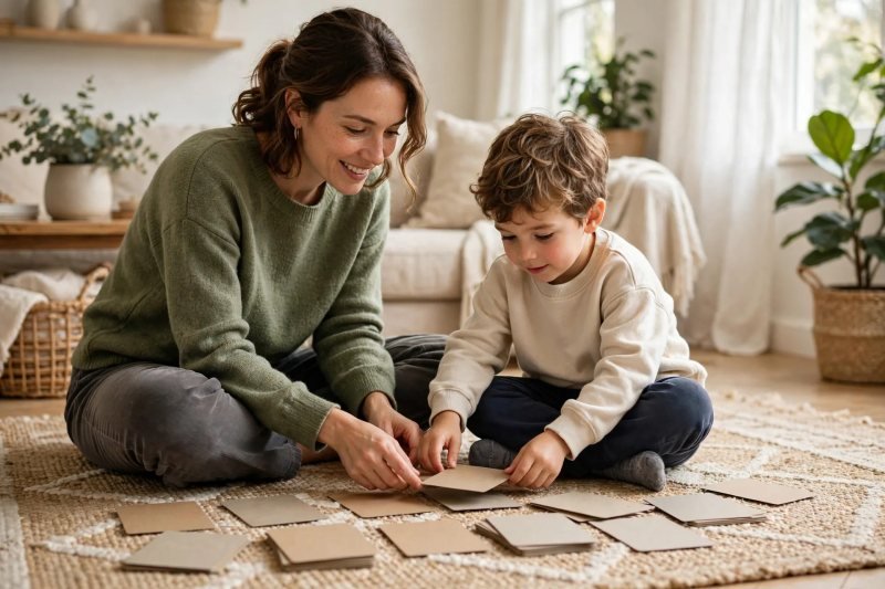 Parent and five-year-old arranging face-down sequence cards in daily order on the living-room rug