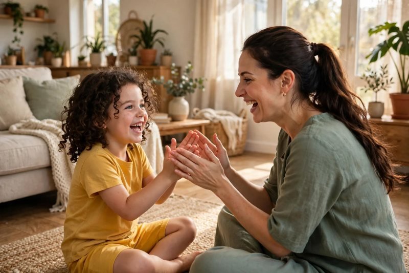 Mother and daughter laughing through a clapping syllable game on the rug.