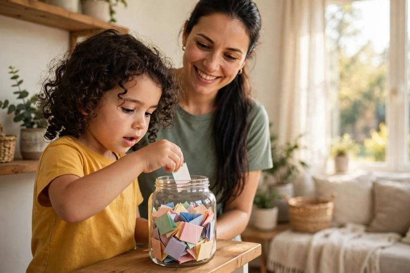 Daughter drops a folded word slip into the glass word jar, mother smiling.