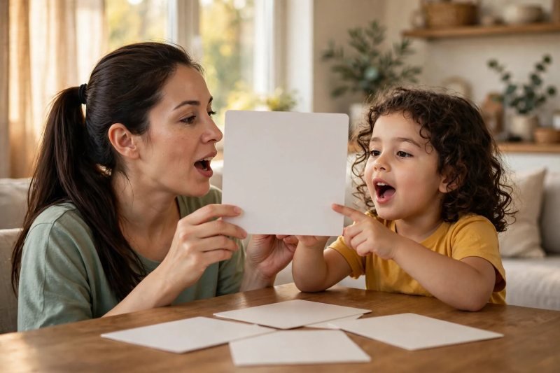 Mother holds up a blank letter card while her daughter traces and says the sound.