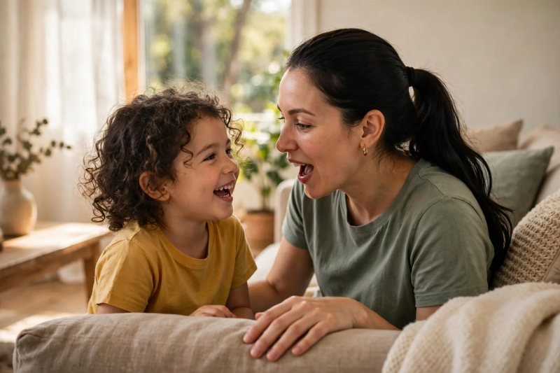 Mother stretching word sounds on the sofa while her giggling daughter guesses.