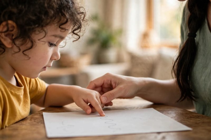 Daughter's finger slides under soft-focus writing as her mother guides her.