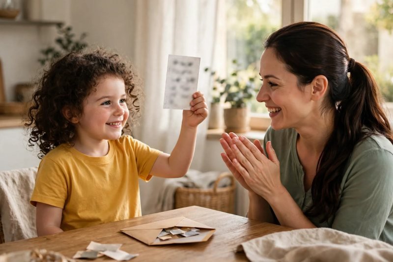 Proud daughter holds up a blurred word card while her mother applauds.