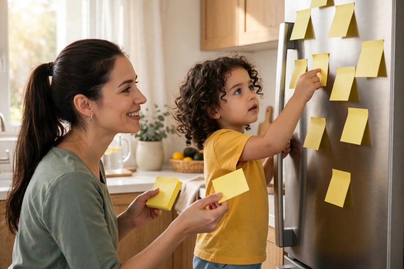 Daughter presses blank sticky notes onto the fridge; her mother hands her more.