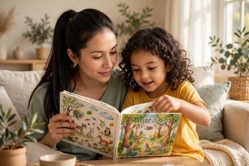 Mother reads a picture book aloud on the sofa as her daughter turns pages.