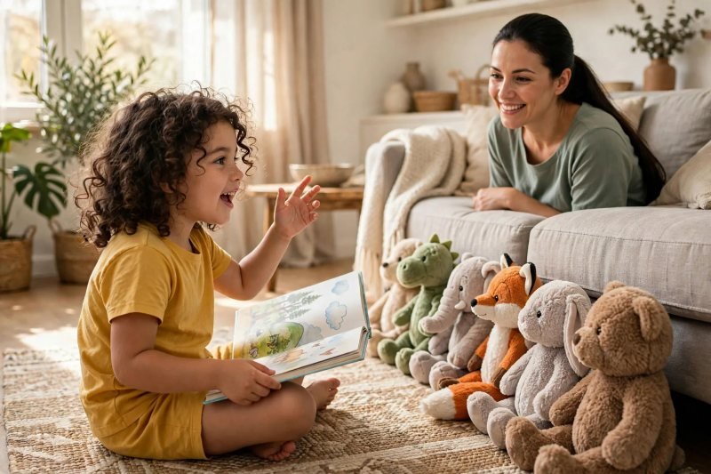 Daughter retells a picture book to her stuffed animals while mother watches.