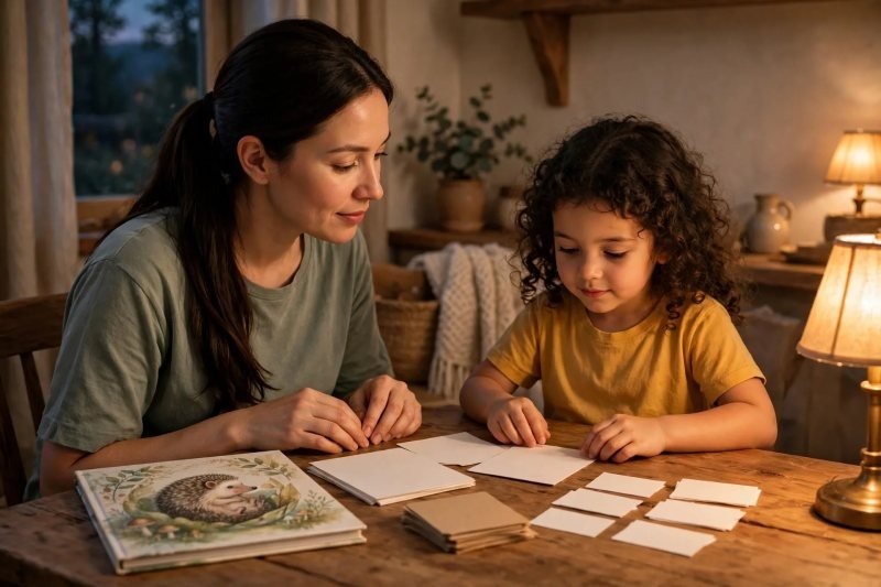 Mother and daughter settle into their lamp-lit evening reading routine together.