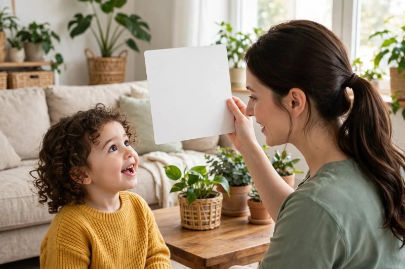 Mother holding up a blank sound card while a preschool girl looks up excitedly