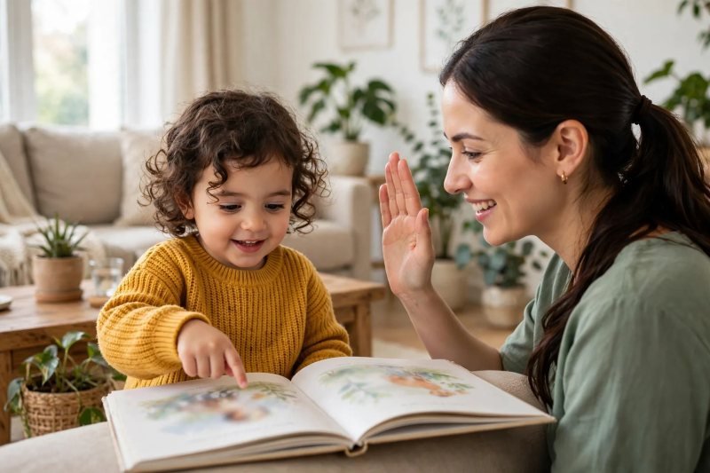 Preschool girl pointing at a picture book as her mother offers a high-five