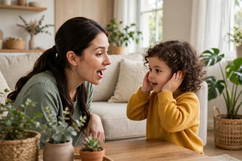 Preschool girl cupping her ears to echo a sound her mother models