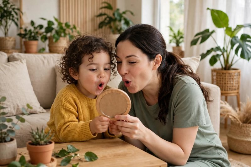 Mother and daughter making round mouth shapes into a small hand mirror