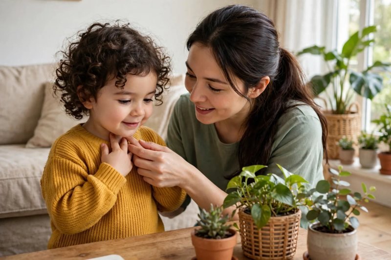 Preschool girl feeling her throat hum while mother guides her fingers