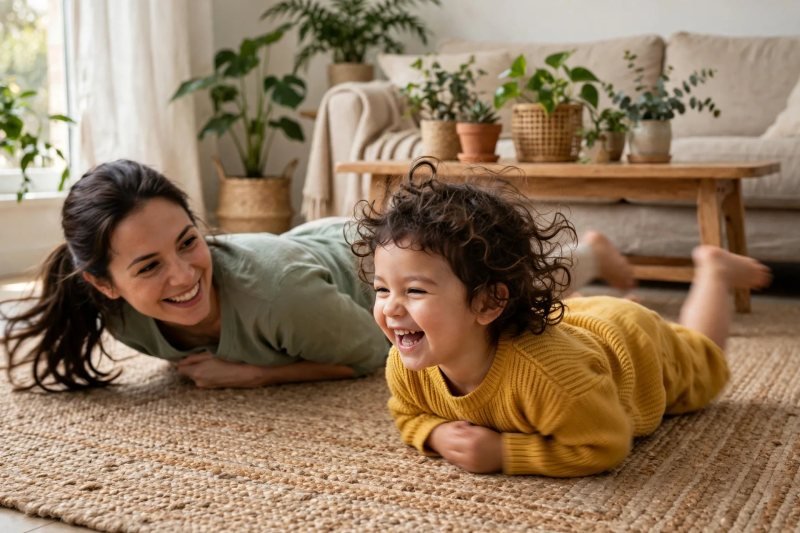 Mother and daughter slithering like snakes across the rug laughing together
