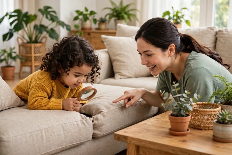 Preschool detective searching sofa cushions with a wooden magnifying glass