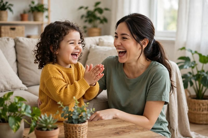 Mother and daughter laughing through a silly tongue twister on the sofa