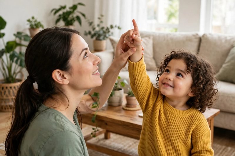 Mother guiding a preschool girl sky-writing a letter shape with her finger
