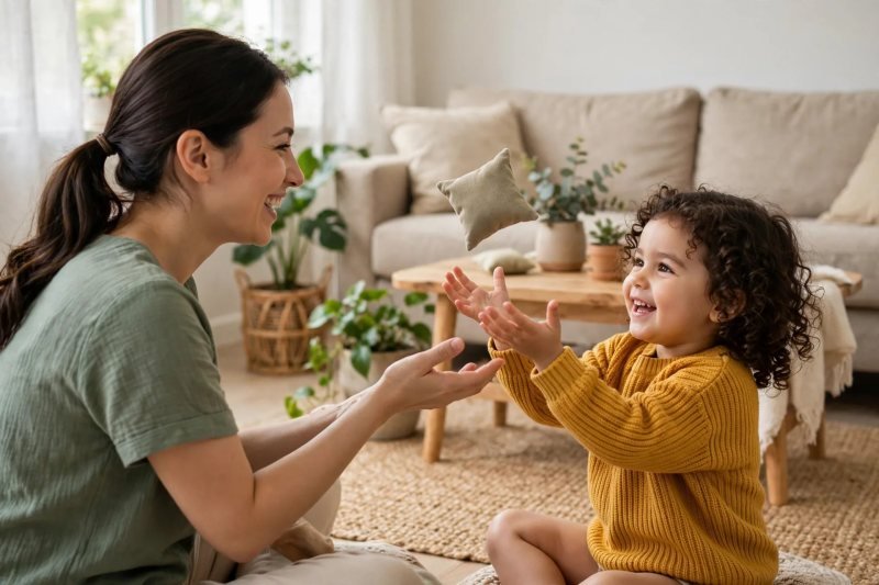 Preschool girl catching a beanbag during a playful sound review game