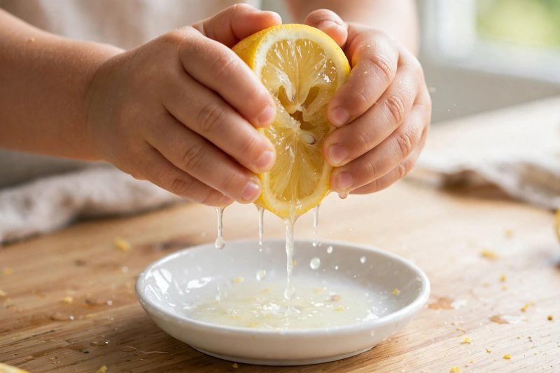 Child hands squeezing lemon half over small white dish, juice dripping, bright kitchen