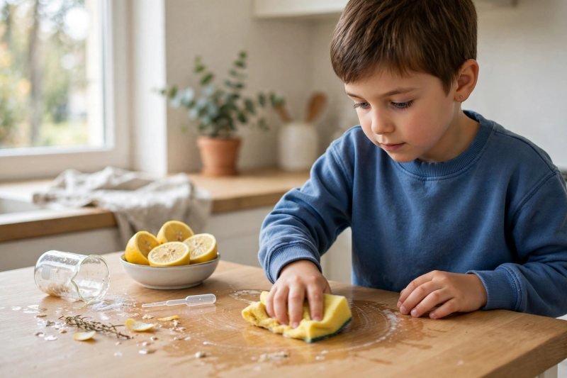 Seven-year-old wiping kitchen table with sponge cloth after invisible ink experiment