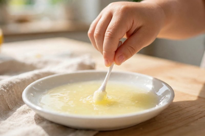 Small hand dipping cotton swab tip into shallow dish of lemon juice