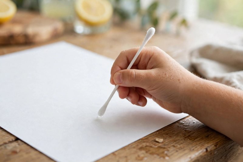 Seven-year-old writing secret message with juice-dipped swab, paper angled, writing illegible