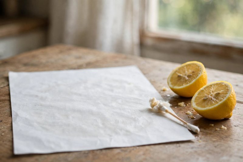 White paper drying flat near sunny window with used swab and lemon halves beside