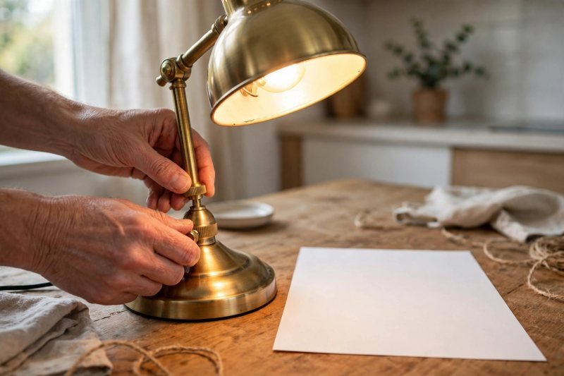 Adult hands adjusting warm glowing desk lamp for invisible ink reveal station