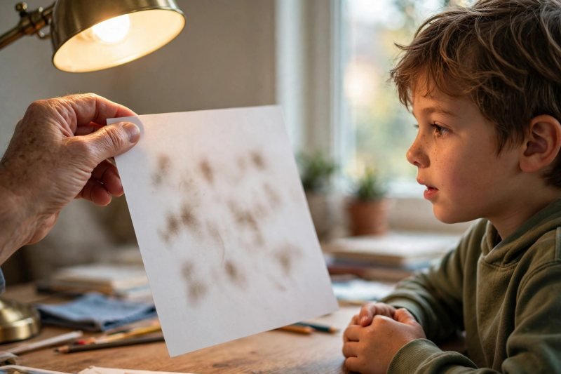 Adult holding paper near warm lamp while curious child watches invisible ink reveal