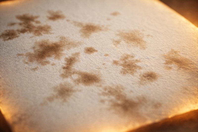 Close-up of paper with blurred brown marks emerging under warm lamplight, illegible