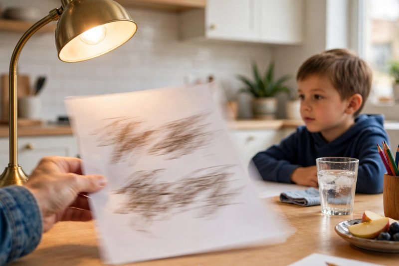 Adult hand gliding paper under warm desk lamp, keeping it moving, child watching