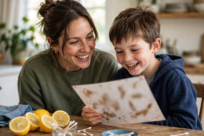 Parent and child reading revealed invisible ink message together, paper angled away