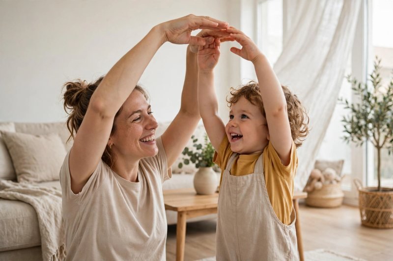 Parent and toddler making a big sun circle with arms overhead