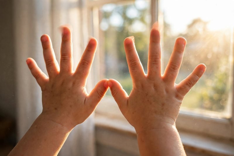 Toddler spider fingers climbing back up beside a sunny window