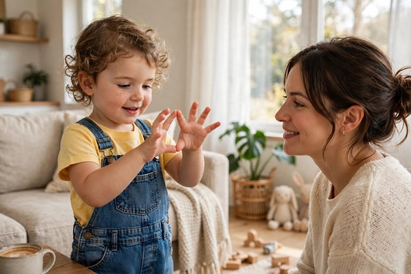 Toddler and parent singing the full spider song with finger moves together