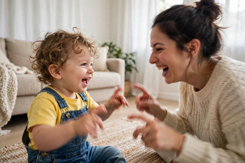 Parent and toddler laughing while wiggling spider fingers fast together