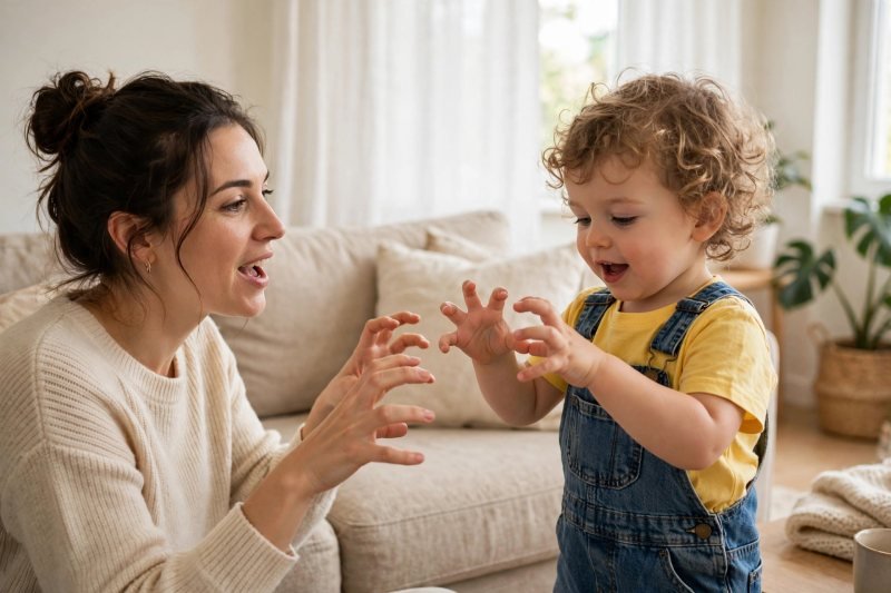Toddler leading the itsy bitsy spider hand moves while parent sings